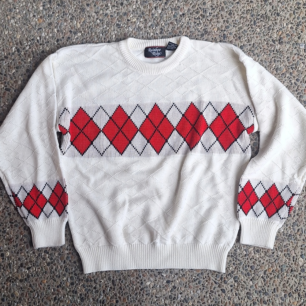 Vintage Rainbow Ridge Argyle Sweater White & Red Boys size L